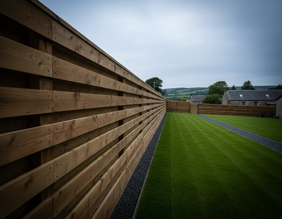 [IMAGE: Long timber fence in Aberdeenshire garden]
